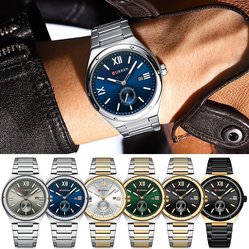 Curren Mens Quartz นาฬิกากันน้ําพร้อมปฏิทินสายเหล็กหรูหรา Luminous Analog Display Time
