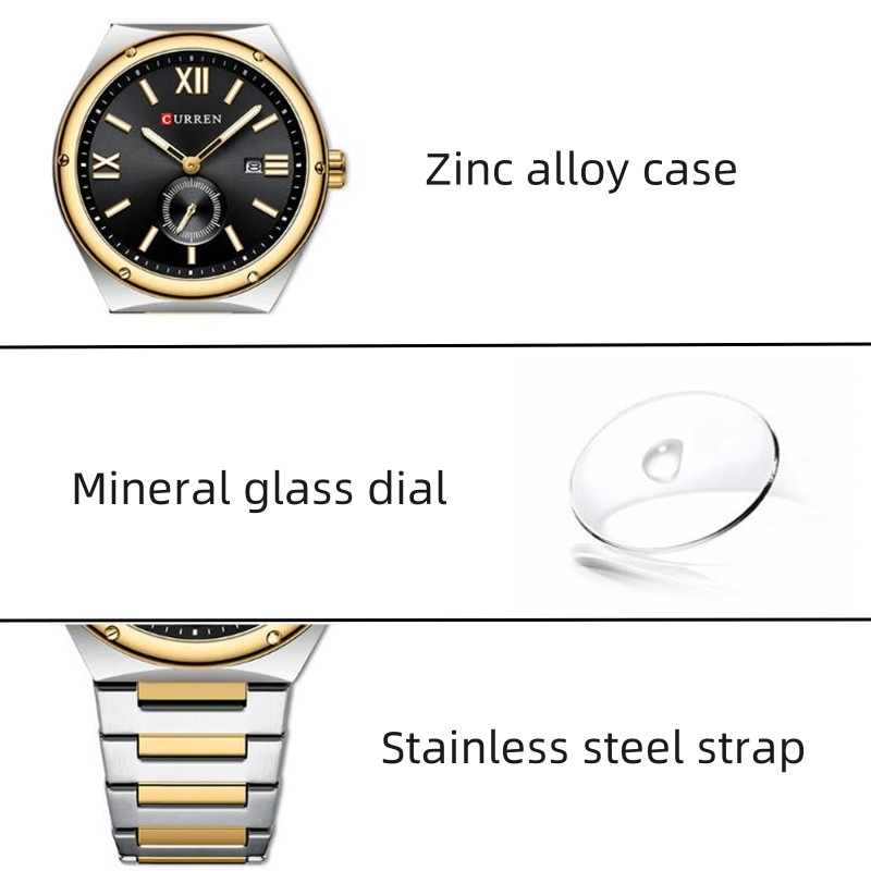 Curren Mens Quartz นาฬิกากันน้ําพร้อมปฏิทินสายเหล็กหรูหรา Luminous Analog Display Time