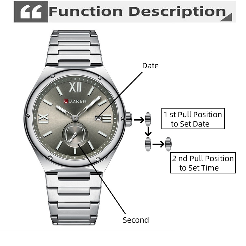 Curren Mens Quartz นาฬิกากันน้ําพร้อมปฏิทินสายเหล็กหรูหรา Luminous Analog Display Time