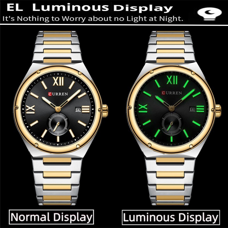Curren Mens Quartz นาฬิกากันน้ําพร้อมปฏิทินสายเหล็กหรูหรา Luminous Analog Display Time