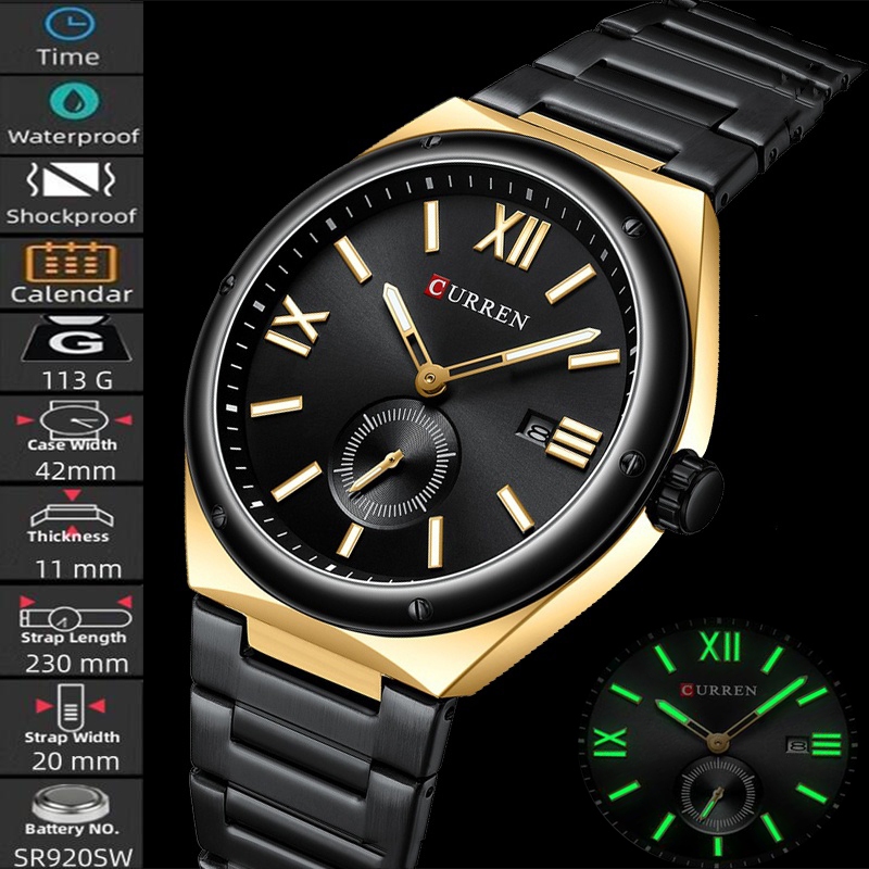 Curren Mens Quartz นาฬิกากันน้ําพร้อมปฏิทินสายเหล็กหรูหรา Luminous Analog Display Time