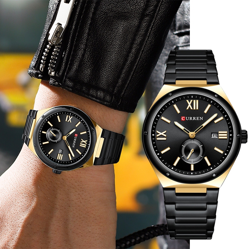 Curren Mens Quartz นาฬิกากันน้ําพร้อมปฏิทินสายเหล็กหรูหรา Luminous Analog Display Time