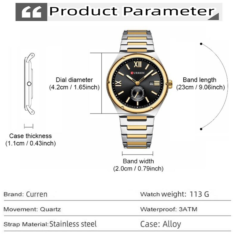 Curren Mens Quartz นาฬิกากันน้ําพร้อมปฏิทินสายเหล็กหรูหรา Luminous Analog Display Time