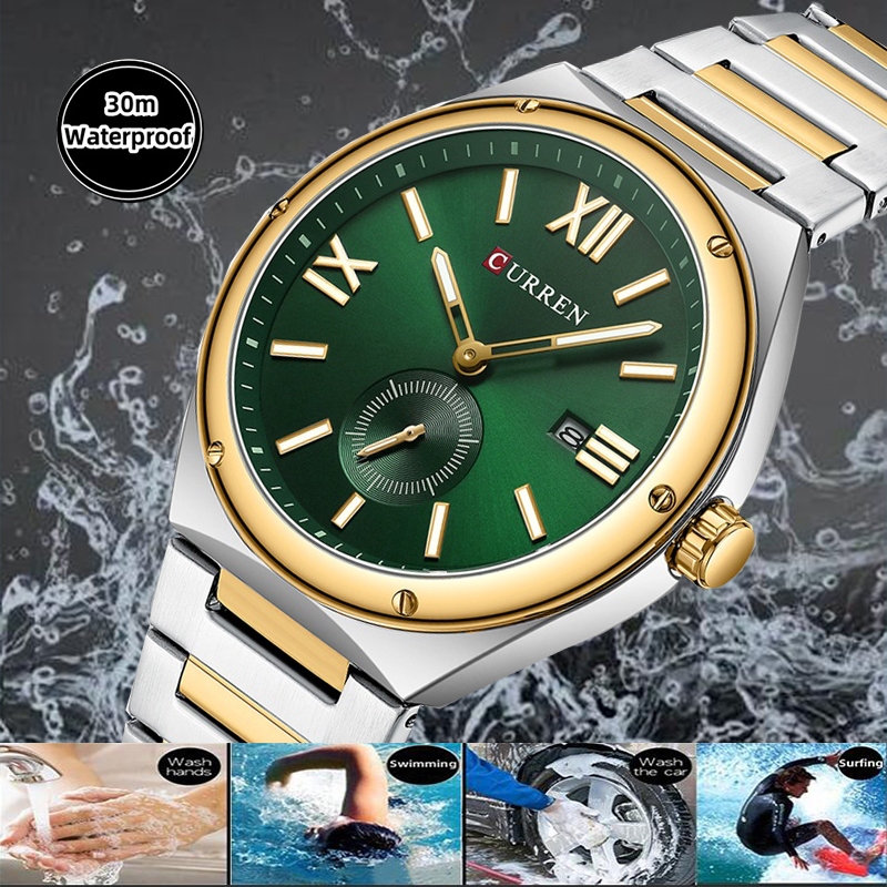 Curren Mens Quartz นาฬิกากันน้ําพร้อมปฏิทินสายเหล็กหรูหรา Luminous Analog Display Time