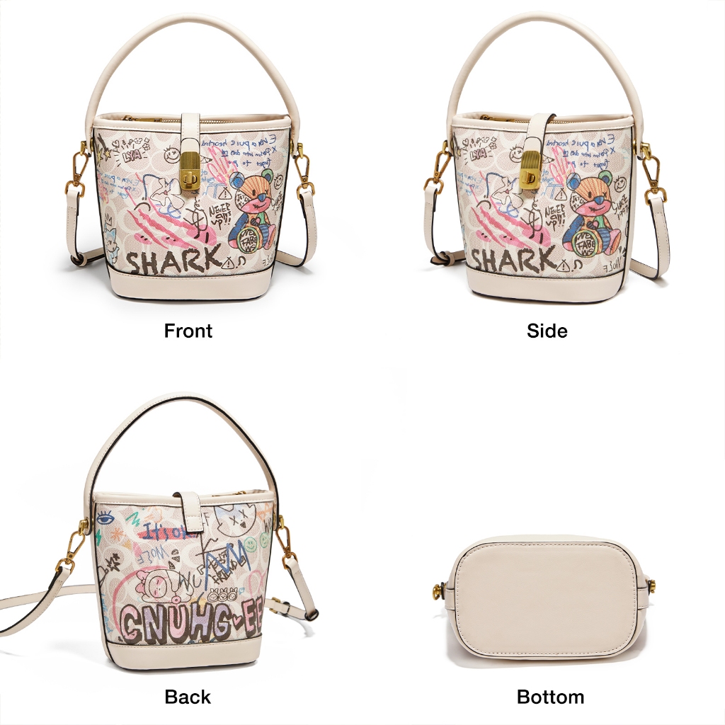 FOXER กระเป๋าสะพายไหล่ผู้หญิง ทรงบักเก็ต ดีไซน์กราฟฟิตี้ ความจุขนาดใหญ่ ส่งไวพิเศษ แถมถุงของขวัญฟรี - รูปที่ 5