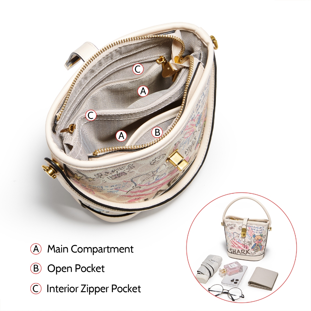 FOXER กระเป๋าสะพายไหล่ผู้หญิง ทรงบักเก็ต ดีไซน์กราฟฟิตี้ ความจุขนาดใหญ่ ส่งไวพิเศษ แถมถุงของขวัญฟรี - รูปที่ 3