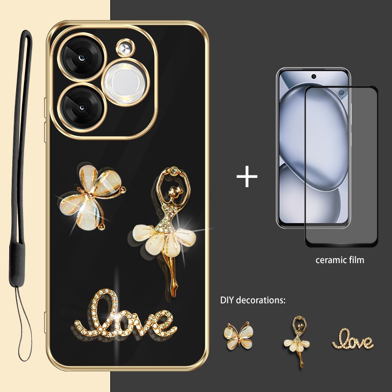 Glitter Diamond 3D สําหรับ Itel A80 A671LC กรณีพร้อมตัวป้องกันหน้าจอฟิล์มเซรามิกและเชือกเส้นเล็กซิลิ