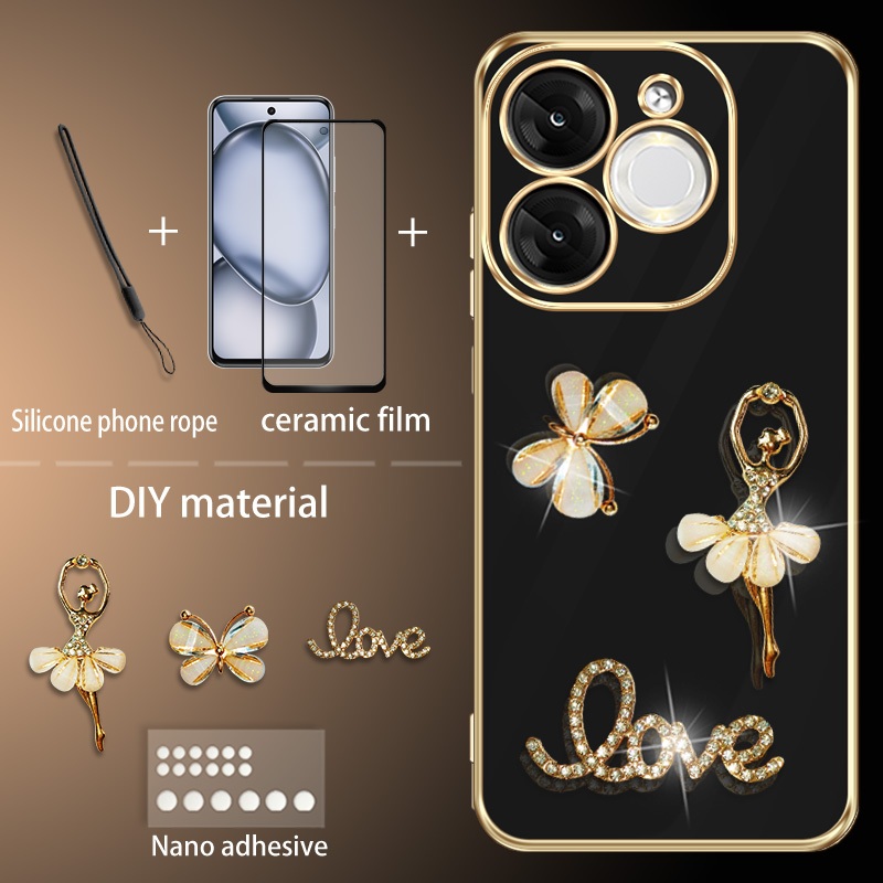 แฟชั่น 3D สําหรับ Itel A80 A671LC กรณีเซรามิคป้องกันหน้าจอฟิล์มและซิลิโคน Lanyard Glitter เพชรสําหรั