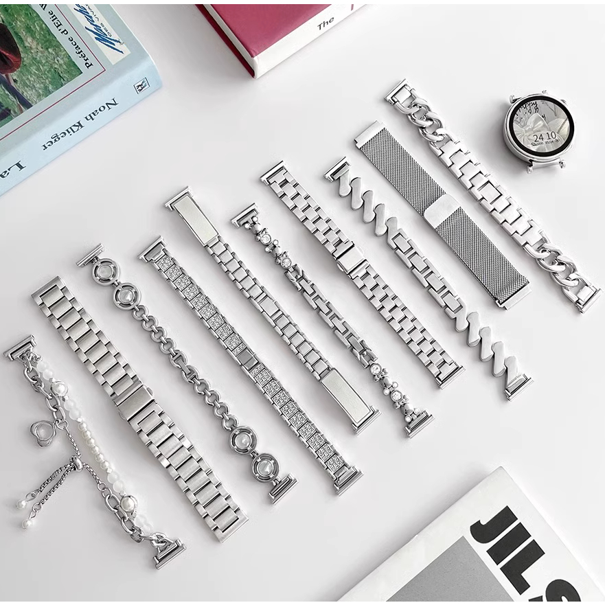 Silver Watch Strap For Samsung Galaxy Watch 7 สาย Galaxy Watch FE / Galaxy 6 5 4 3 Amazfit bip 5 Pro สาย Amazfit bip 3 Strap Amazfit GTS3 /GTS2/ GTS4 mini active Strap Huawei GT6 Pro GT2/GT3/GT2E / huawei gt5 สาย