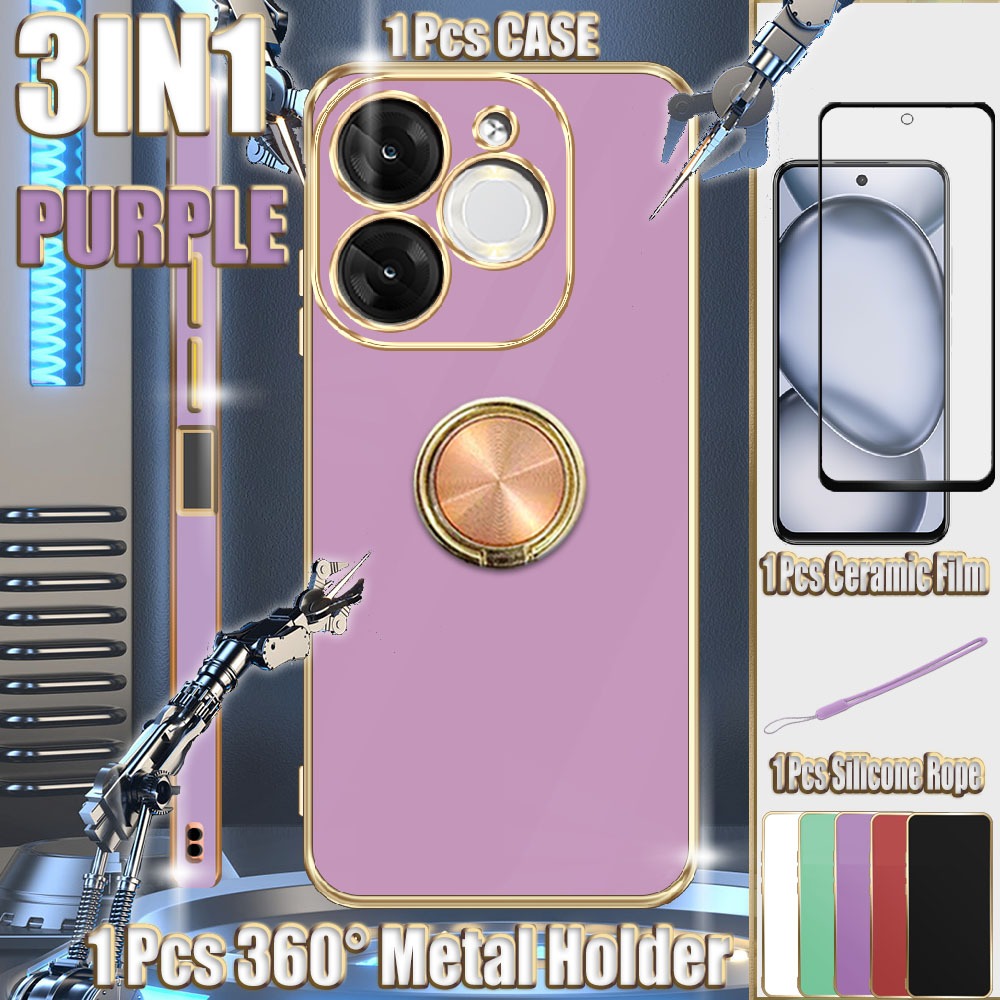 3 In 1 สําหรับ Itel A80 A671LC เคสไฟฟ้าพร้อมตัวป้องกันหน้าจอเซรามิกและที่วางโลหะและเชือกซิลิโคน