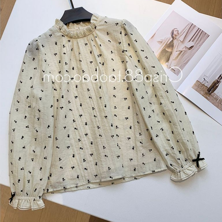 สไตล์เกาหลีผู้หญิงสุภาพสตรีหลวมชีฟองดอกไม้เสื้อแขนยาวเสื้อ