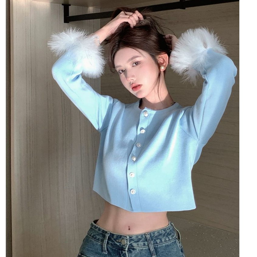 ❤สไตล์เกาหลีสไตล์หวานออกแบบ Fluffy Cuffs Rich Daughter เสื้อคาร์ดิแกนถักแขนยาว