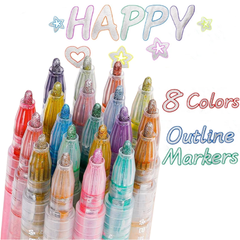 [พร้อมสต็อก] 8PCS Outline Marker Pen Metallic Double Line Art Contour Pen Art Pen Marker Pen DIY Gra