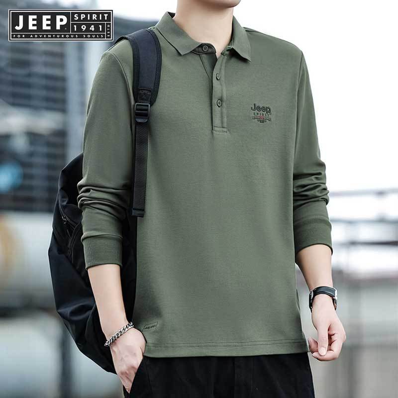 Jeep SPIRIT 1941 ESTD ฤดูใบไม้ร่วงใหม่เสื้อยืดแขนยาวผู้ชายเสื้อโปโลปักลายลําลอง