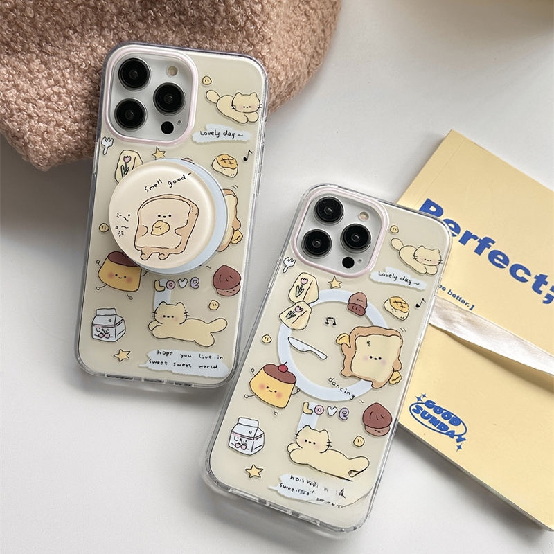 น่ารักขนมปังลายแมวยืนป้องกันกรณีสําหรับ iPhone 15pro 15promax 14 14promax 14pro 16 pro max 16 plus case