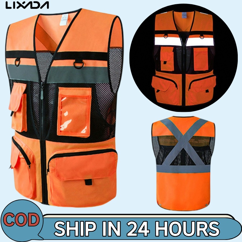 [LIXADA Mall] เสื้อกั๊กความปลอดภัยสําหรับผู้ชายผู้หญิงที่มีกระเป๋าการมองเห็นสูงสายรัดสะท้อนแสงซิปด้า
