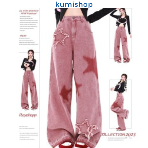kumishop กางเกงยีนขากว้าง เอวสูง ทรงหลวม ปักลายดาว สไตล์อเมริกันเรโทร แฟชั่นฤดูใบไม้ผลิ และฤดูใบไม้ร่วง สําหรับผู้หญิง