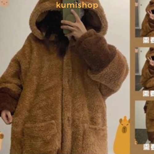 kumishop ออกซิเจน คาปิบาระ ฤดูหนาวรูปแบบใหม่หนาขนแกะซับ ชุดนอน การ์ตูนน่ารักสไตล์ยาวชุดนอนขนแกะปะการังชุดบ้านผู้หญิง