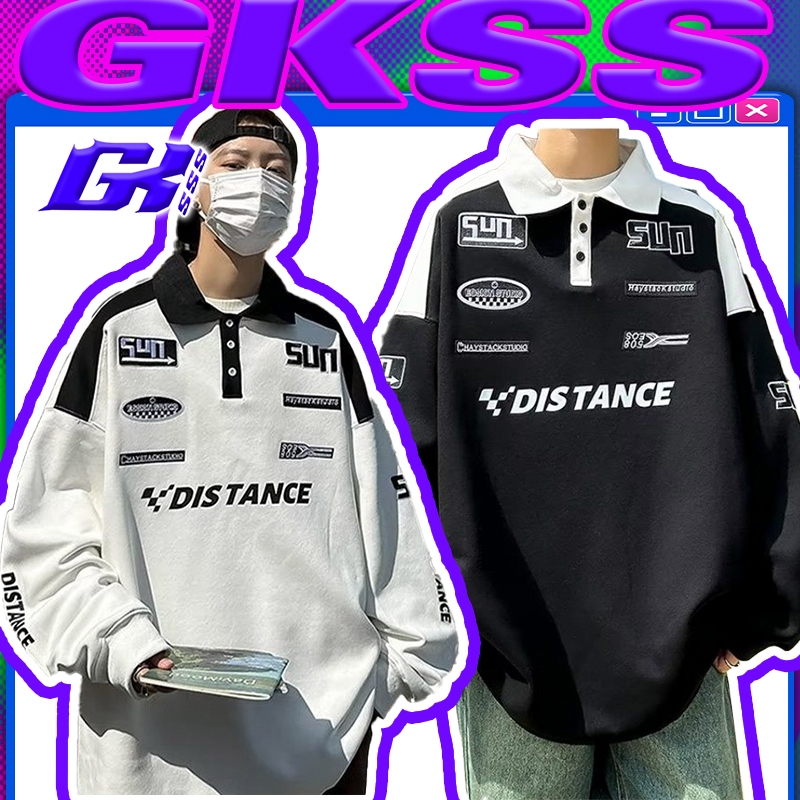 Gksss เสื้อยืดแขนยาวเสื้อกันหนาวผู้ชาย American Retro Racing Casual Top