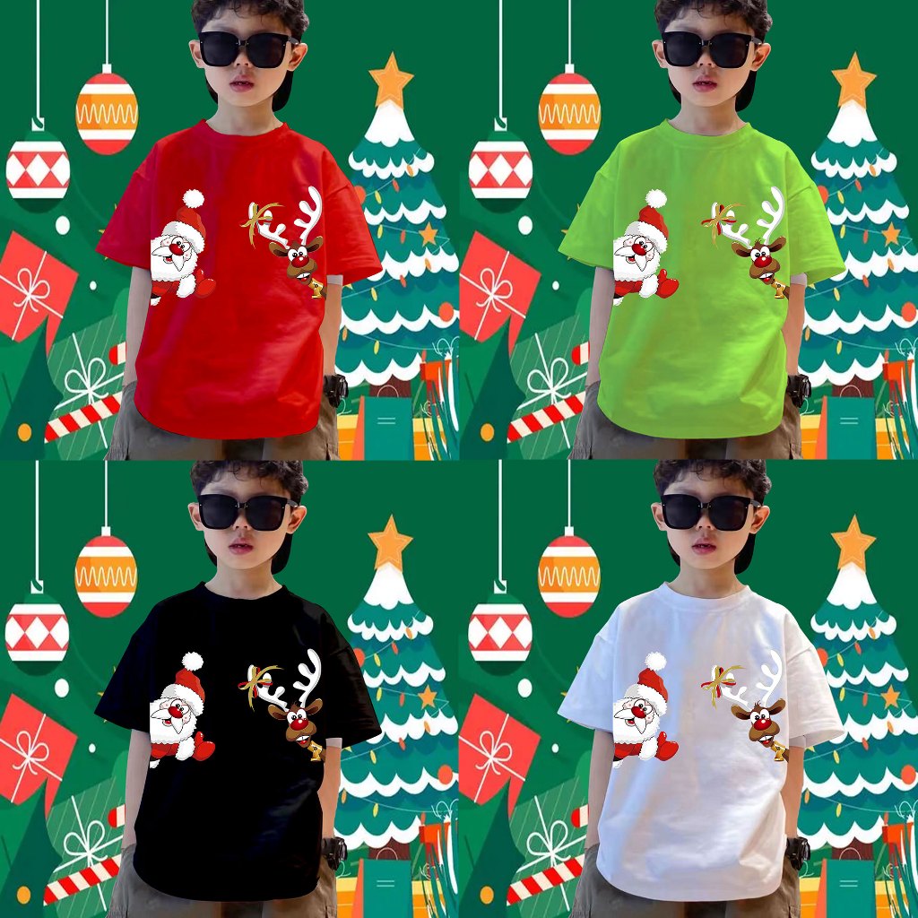 เสื้อเด็กลายคริสต์มาส เสื้อยืด แขนสั้น สีแดง พิมพ์ลาย Merry Christmas เสื้อคริสมาสต์