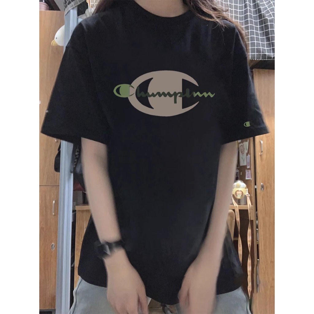 เสื้อยืดแชมป์สําหรับผู้ชายและผู้หญิงคู่ป้ายใหญ่ใหม่ผ้าฝ้ายบริสุทธิ์หลวมแขนสั้นกีฬาที สูงสุด อินเทรนด์
