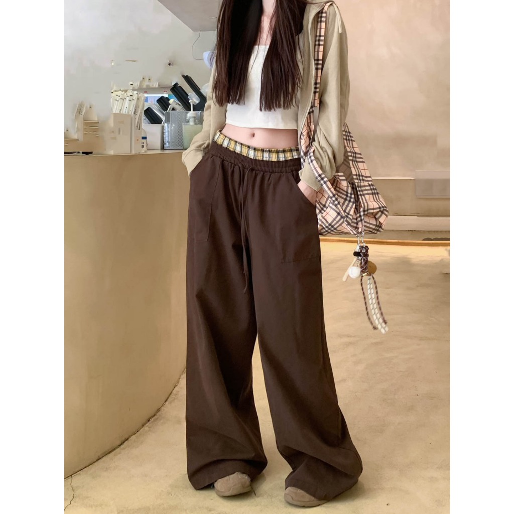 American Hot Girl ลายสก๊อตเย็บเอวยางยืด All-Match Overalls เอวสูง Slimmer ดูกางเกงขากว้างกางเกงลําลอง