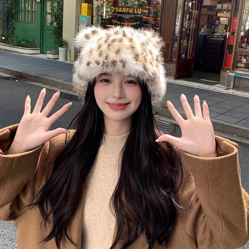 หมวกบักเก็ตตุ๊กตาหมีพิมพ์ลายเสือดาวฤดูหนาวหนาอบอุ่น
