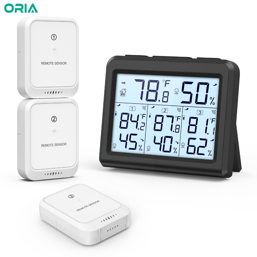 Oria เครื่องวัดอุณหภูมิในร่มกลางแจ้งเครื่องวัดความชื้นสัมพัทธ์ดิจิตอลพร้อมไฟแบ็คไลท์ 3 เซ็นเซอร์สําหรับโฮมออฟฟิศ