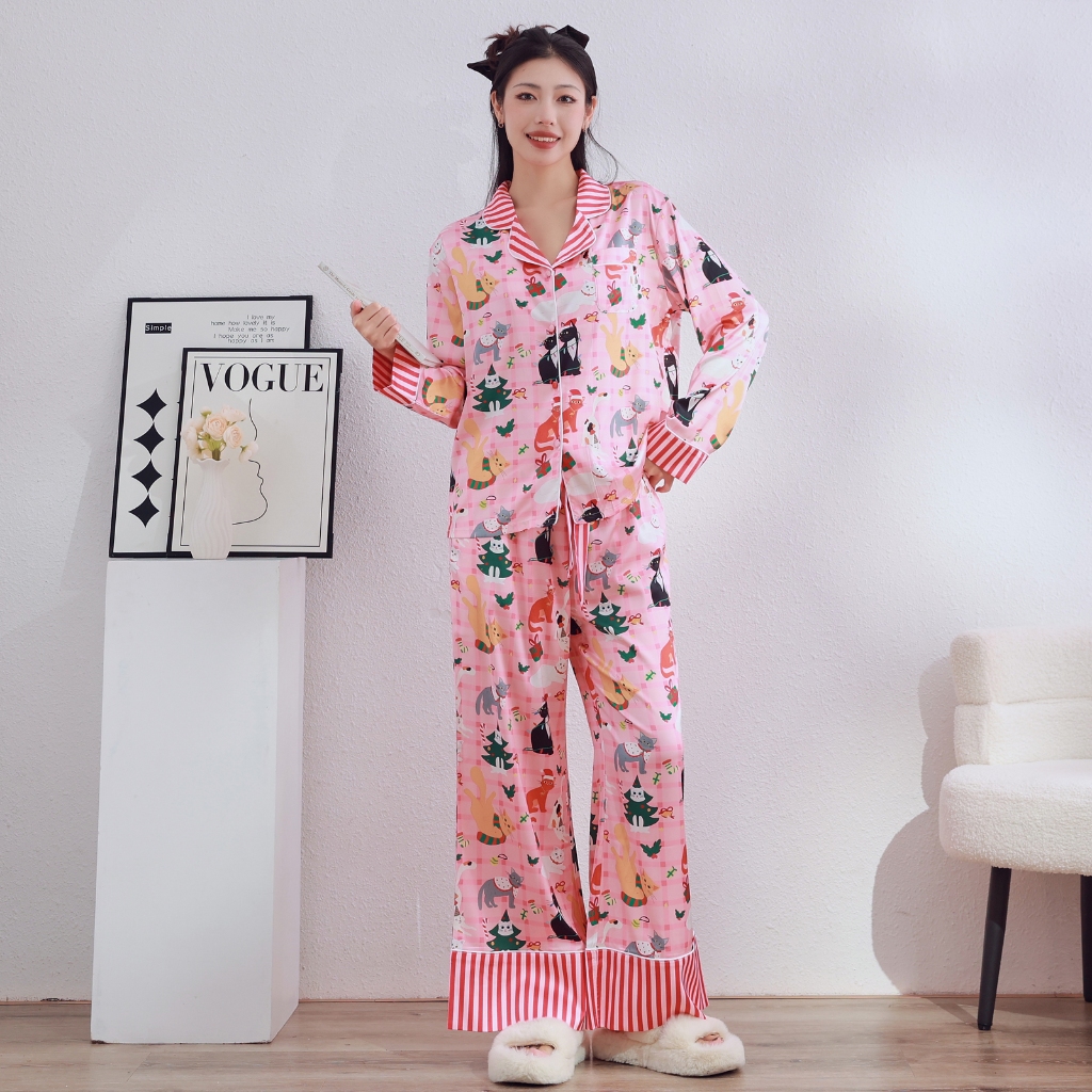 ชุดนอนสุภาพสตรีคริสต์มาสชุดพรีเมี่ยมพิมพ์ผ้าไหมน้ําแข็ง Loungewear กางเกงขายาวแขนยาวหลวม Slimmer