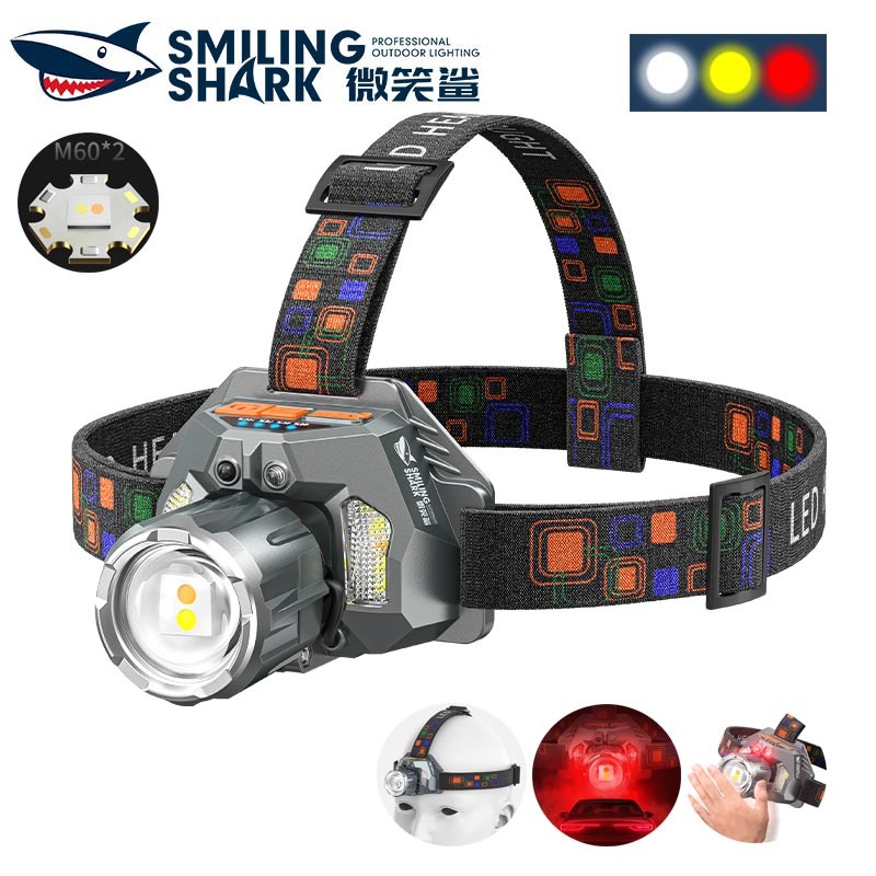 SmilingShark TD0204 ไฟฉายคาดหัว LED เซนเซอร์ 2*M60 6000lm แสงสีขาว/เหลือง/แดง ไฟหน้า ซุปเปอร์ไบรท์ ซูมได้ 9โหมด Type-C ชาร์จใหม่ได้ กันน้ำสำหรับงานเดินป่าตั้งแคมป์