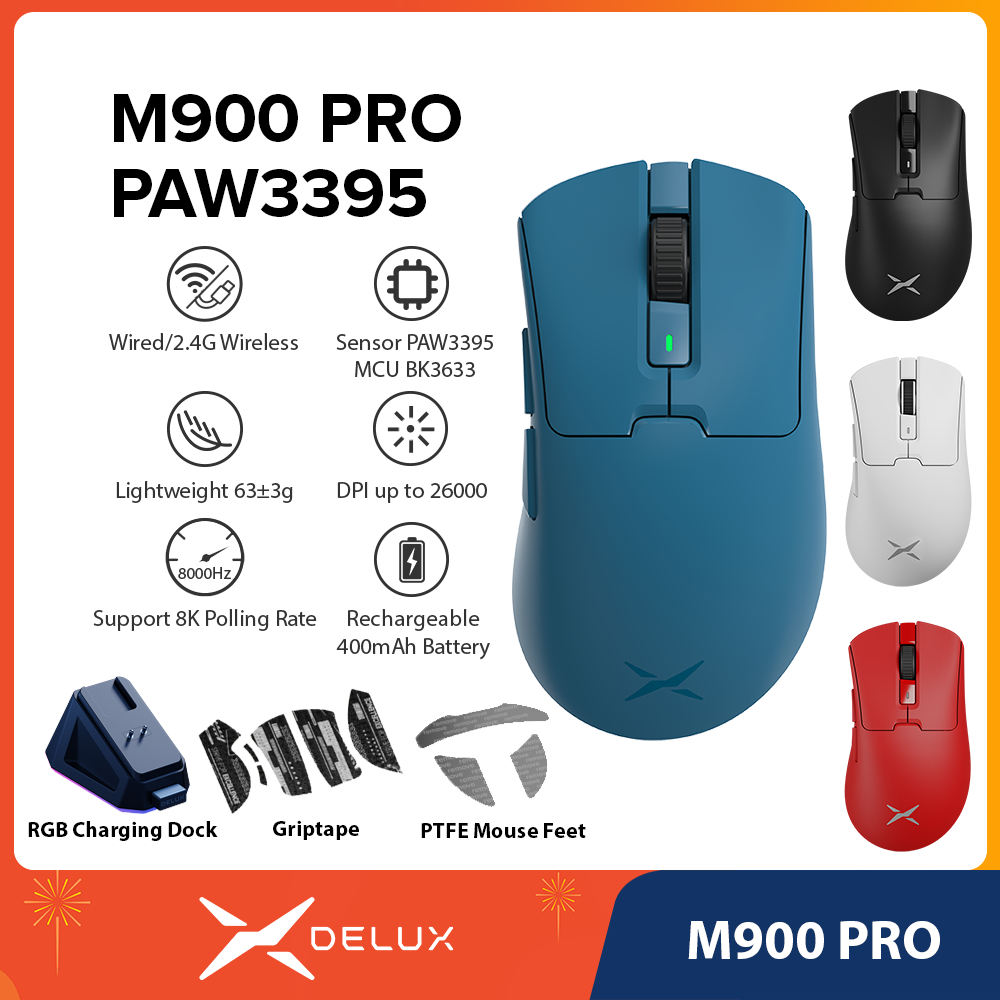Delux M900 PRO PAW3395 Blue Gaming Mouse DPI MAX 26000 แบบมีสาย 2.4G ไร้สายชาร์จ RGB แท่นชาร์จแม่เหล็ก 63g ไม่สมมาตรการออกแบบตามหลักสรีรศาสตร์สําหรับ PC/แล็ปท็อป/Windows