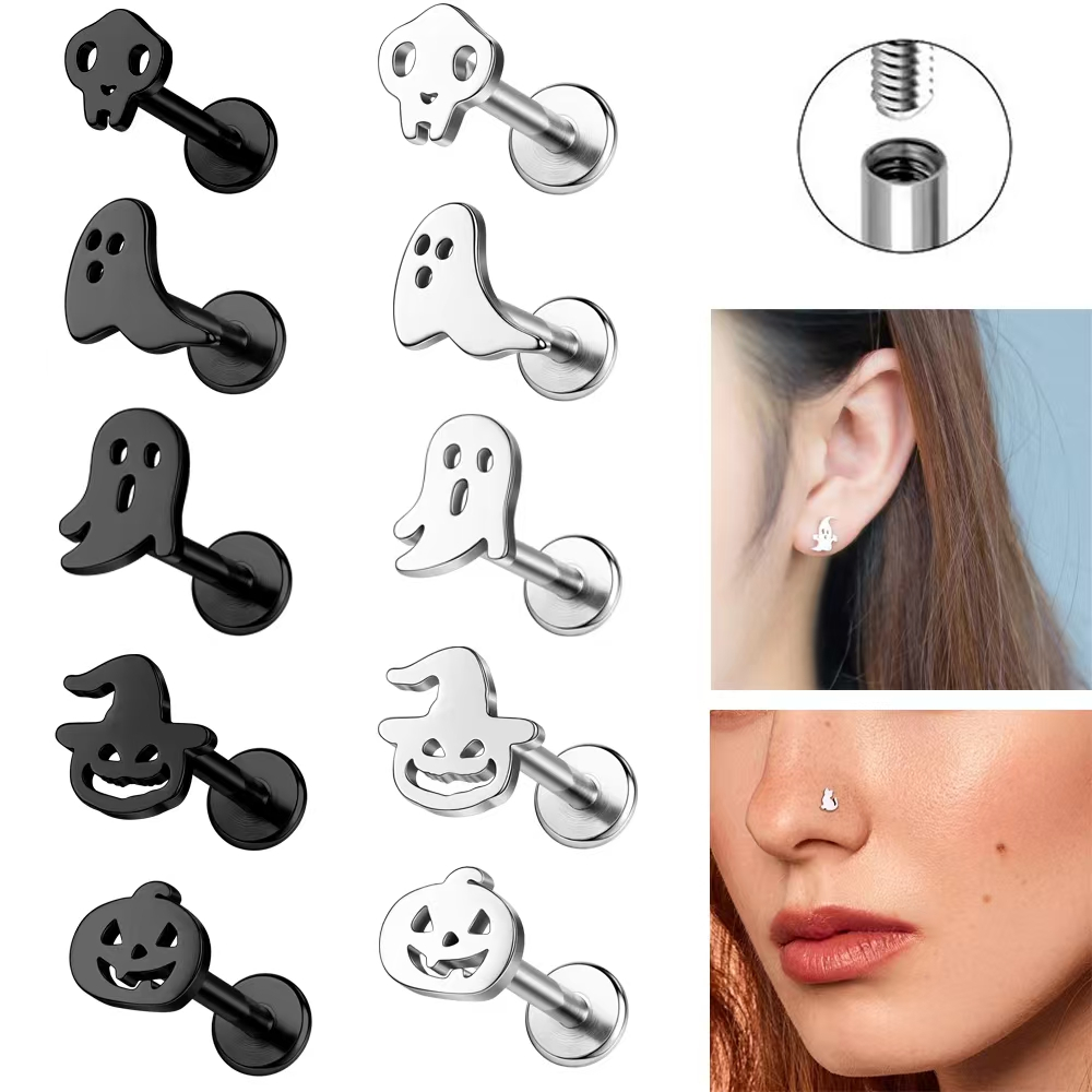 1pc 16G ฮาโลวีน Lip เจาะสแตนเลส Studs ต่างหู Skull ฟักทองหัว Labret Lip เจาะ Helix Conch กระดูกอ่อนเจาะต่างหู