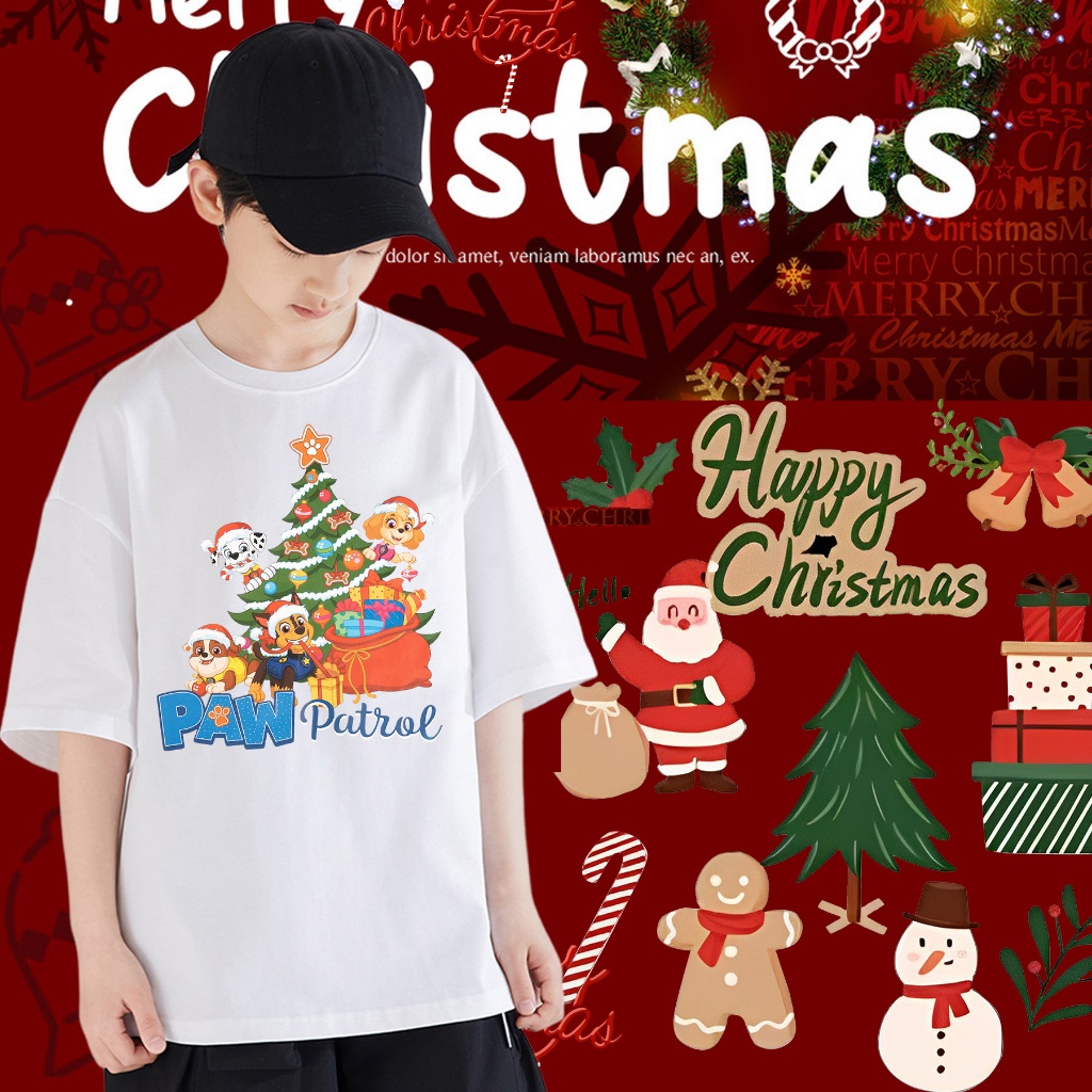 Paw Patrol เสื้อคริสมาสต์ แขนสั้นที่ทำจากผ้าฝ้ายแท้จะไม่หดตัวหรือยับ Merry Christmas&Happy New Year Children'Shirt#H05