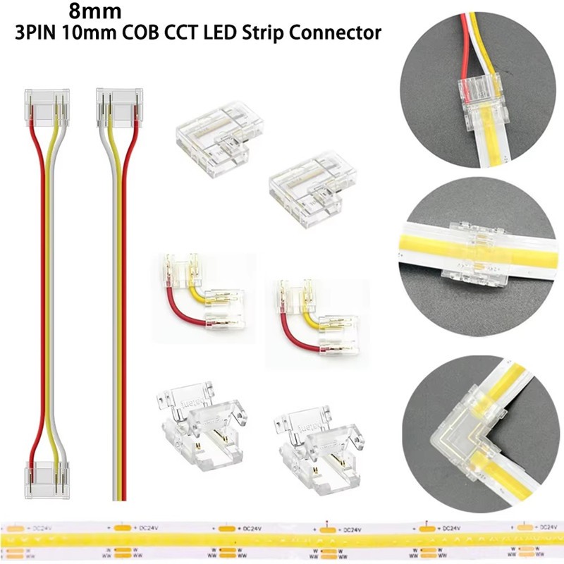 3pin COB CCT LED Strip Light Connector 8 มม.10 มม.L รูปร่าง LED มุมตัวเชื่อมต่อ FCOB 3 pin Gapless S