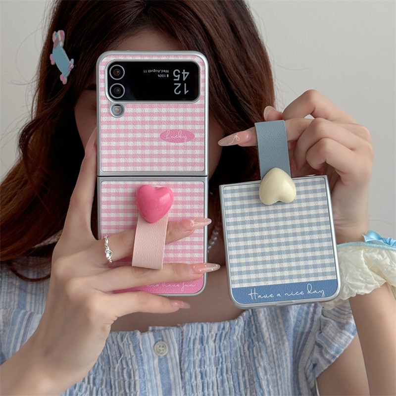 เกาหลีน่ารักลายสก๊อตหนังสําหรับ Samsung Galaxy Z Flip 6 5 4 3 Z Flip5 Flip4 Flip6 5G พร้อมแหวน Kawaii กรณี