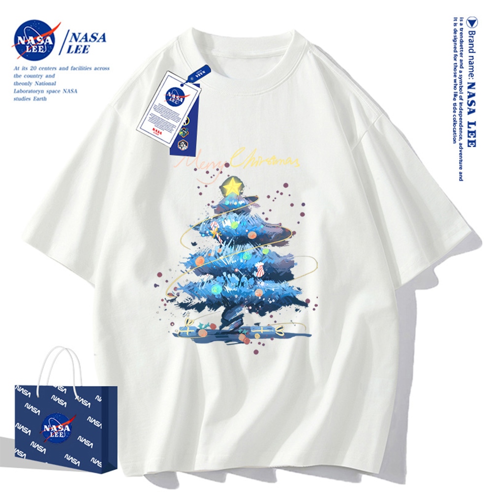 เสื้อยืดแขนสั้น NASA - ลายต้นคริสต์มาสแห่งโชคดี ผ้า cotton 100% ใส่ได้ทั้งชายและหญิง