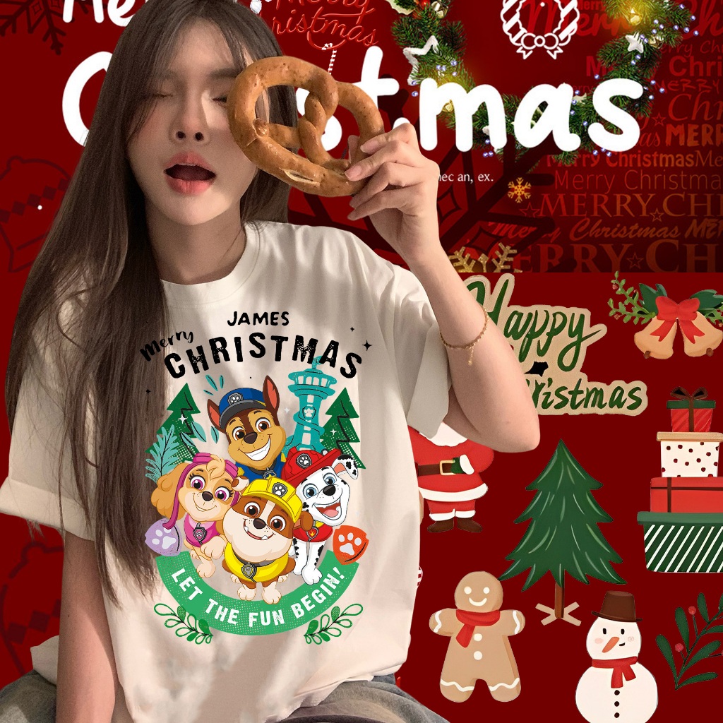 Paw Patrol เสื้อคริสมาสต์ แขนสั้นที่ทำจากผ้าฝ้ายแท้จะไม่หดตัวหรือยับ Merry Christmas&Happy New Year unisex'Shirt#H04