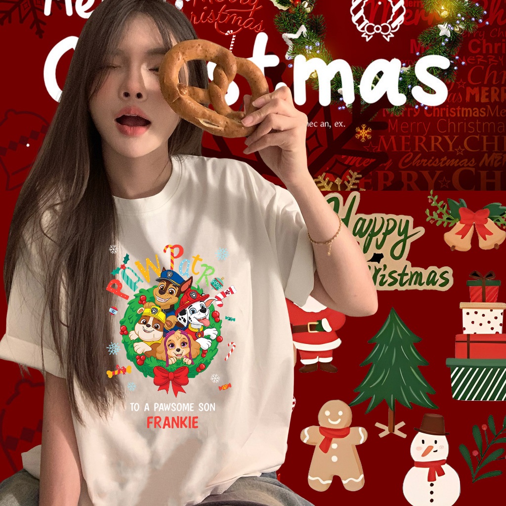 Paw Patrol เสื้อคริสมาสต์ แขนสั้นที่ทำจากผ้าฝ้ายแท้จะไม่หดตัวหรือยับ Merry Christmas&Happy New Year unisex'Shirt#H02