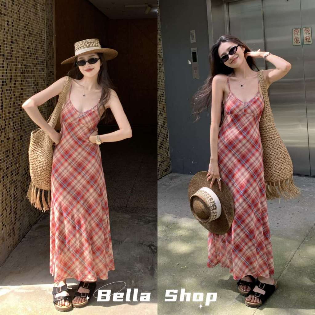 Bella Shop เดรสสายเดี่ยวสีแดงสาวฮอตเซ็กซี่คอวีสลิมเดรสทรงเอ