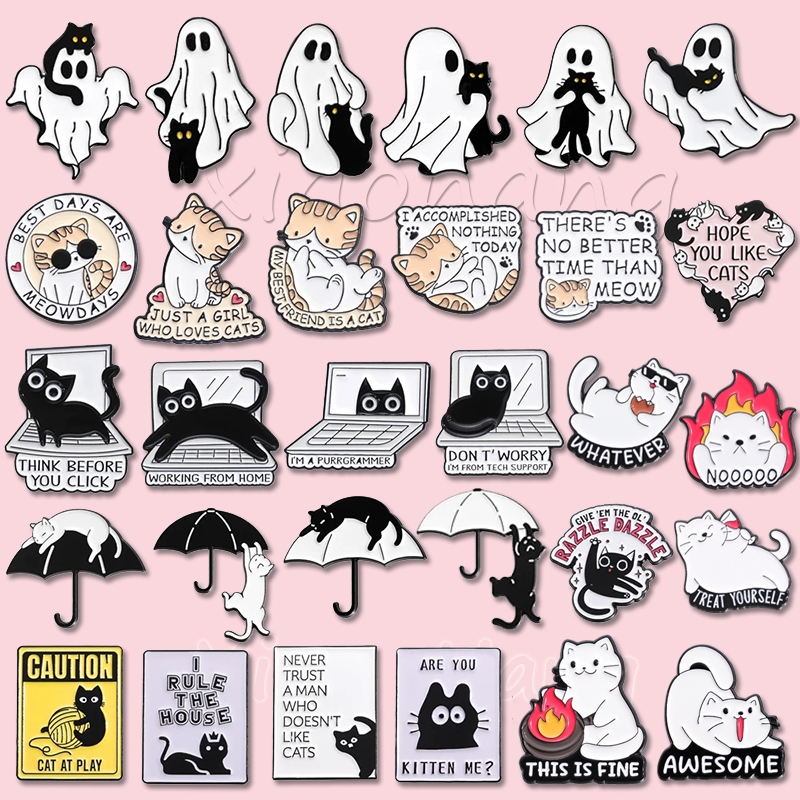 การ์ตูนสีดําสีขาวแมวเคลือบ Pin เข็มกลัดสัตว์น่ารัก Naughty เข็มกลัดลูกแมวโลหะ Pins Lapel Badge ของขวัญเครื่องประดับสําหรับเพื่อน