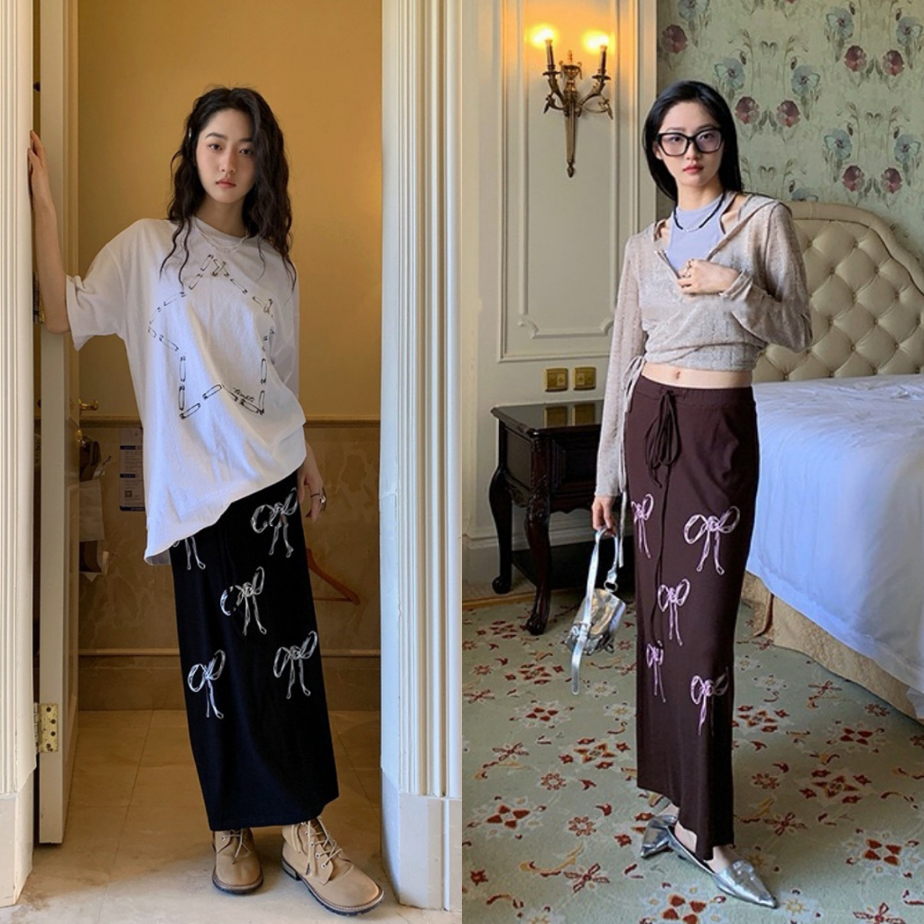 Bella Shop เวอร์ชั่นเกาหลีที่เรียบง่ายสวมใส่เฉพาะผู้หญิงฤดูร้อน2024กระโปรงพิมพ์ลายโบว์สไตล์ใหม่