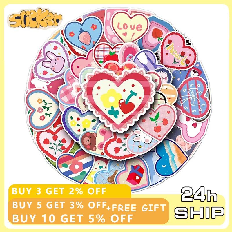 50pcs การ์ตูนสีชมพู Love Heart สติกเกอร์ตกแต่งของเล่น DIY โน้ตบุ๊คโทรศัพท์ตู้เย็นน่ารักสติกเกอร์ของขวัญ