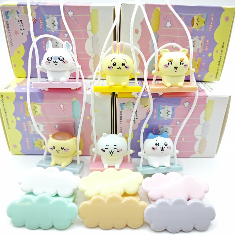6 ชิ้น/เซ็ต Kawaii อะนิเมะ Chiikawa รูป Hachiware Usagi กระรอกบินเล่นบน Swing รุ่น Q PVC ตัวเลขการกระทําตุ๊กตาของเล่น