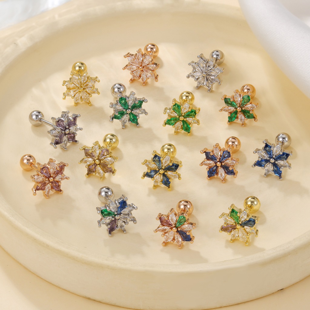 1 ชิ้น 316L ทางการแพทย์สแตนเลสต่างหู Multicolor Cubic Zirconia ดอกไม้ต่างหูเจาะ Hypoallergenic ต่างหู