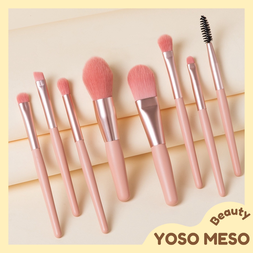 Yoso MESO ชุดแปรง 8 ชิ้นชุดเครื่องมือแปรงแต่งหน้าครบชุดพร้อมกระเป๋าเก็บสามารถใช้กับ Blush Eye Shadow Liquid Foundation คิ้วแป้งอเนกประสงค์ชุดแปรงความงาม