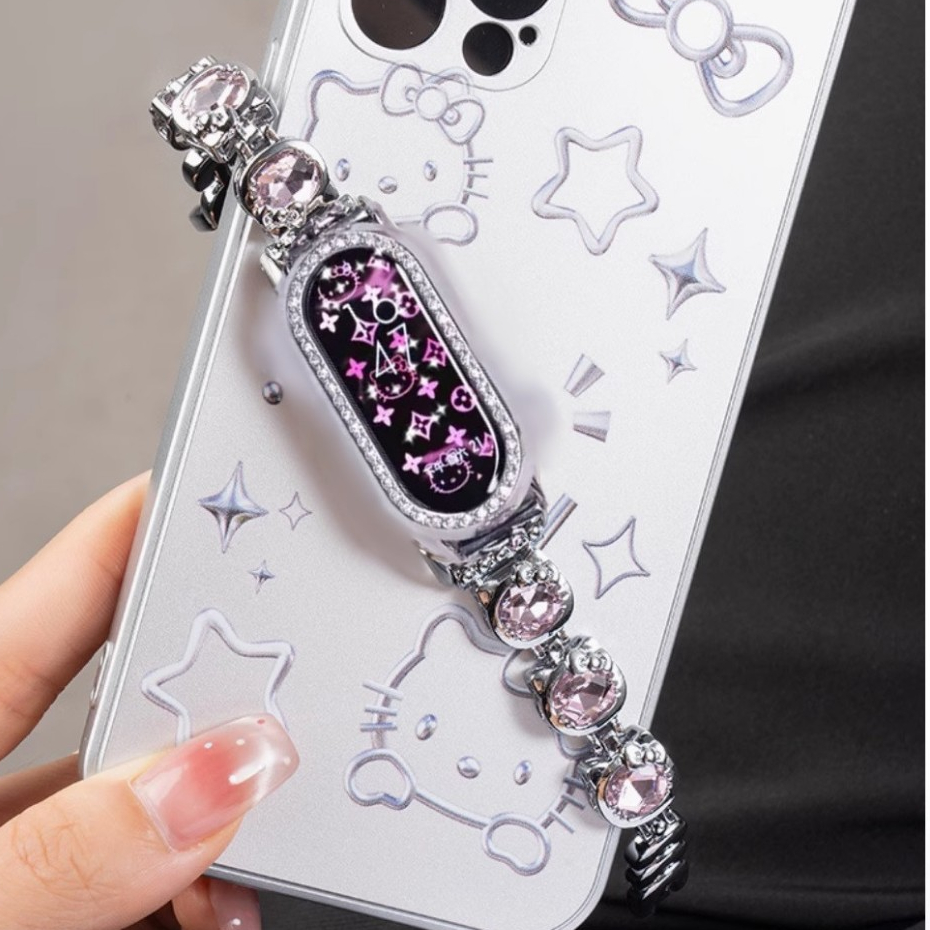 น่ารัก Kitty เพชรสําหรับ Xiaomi mi Band 9 สายโลหะ mi Band 9 กรณี Xiaomi Smart Band 9 สายคล้องคอ mi Band 8 และ mi Band 8 กรณี Xiaomi สมาร์ท Band 9 กรณี