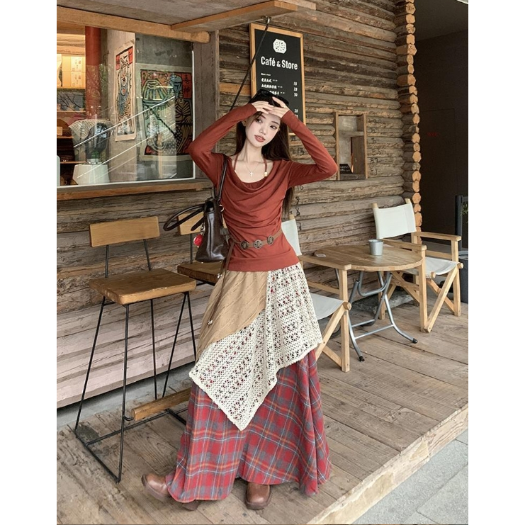 Mori Girl กระโปรงยาวทรงเอญี่ปุ่น Niche Design Retro ลายสก๊อตเย็บหลวม All-Match แฟชั่นกระโปรงลําลอง
