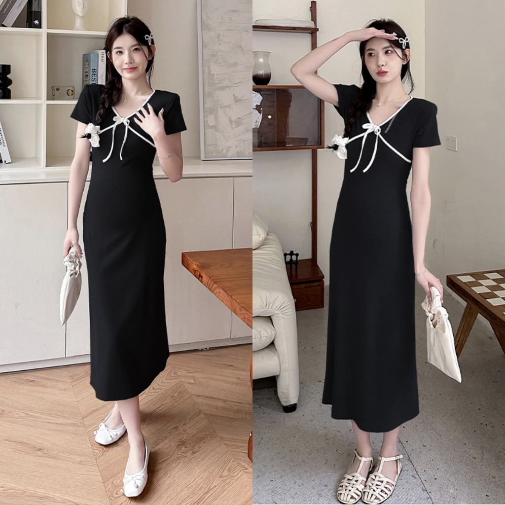 Luna Shop ฤดูร้อนใหม่แฟชั่นย้อนยุคอายุหวานชุดสีทึบ สาวฮอตสลิมฟิตชุดสะโพก