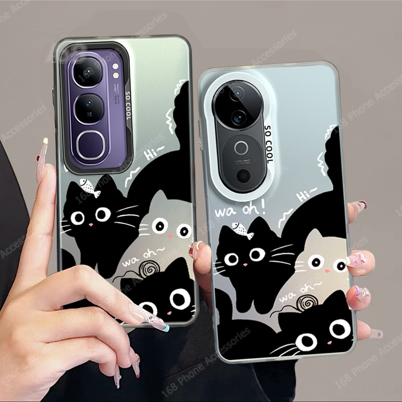 เคส Vivo V40 V30 Y200 5G เคส Vivo V40 V30 Pro น่ารักแมวสีดํา ins สไตล์กันกระแทกเคลือบแข็งโทรศัพท์ IMD ชุบปุ่มโทรศัพท์สําหรับนักเรียนสาวผู้หญิง