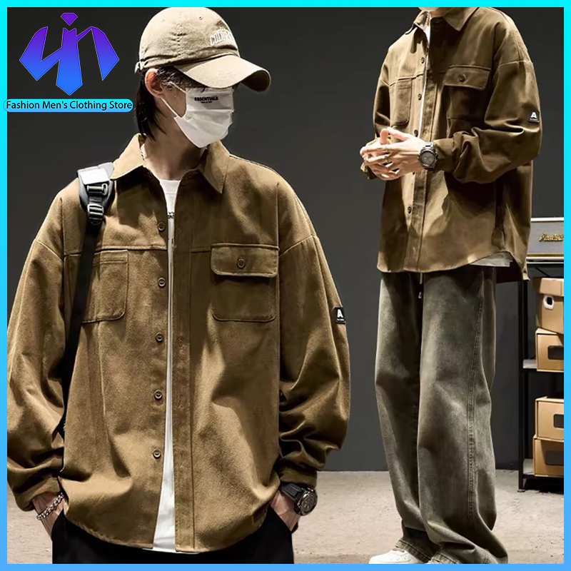 (THสปอต )สไตล์อเมริกัน Vintage Casual Jacket เสื้อแฟชั่นสำหรับผู้ชาย เสื้อแบรนด์หลวม ๆ เสื้อกันหนาวแขนยาว สไตล์ฤดูใบไม้ร่วง เสื้อหล่อสไตล์ใหม่